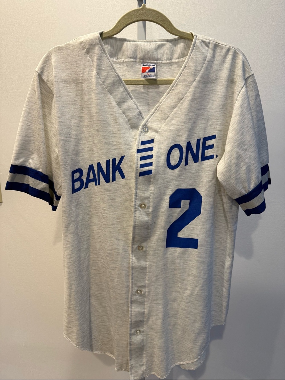 Vintage 90s Bank One Men’s Baseball Jersey White Blue #2 V-neck Men Size L Y2K